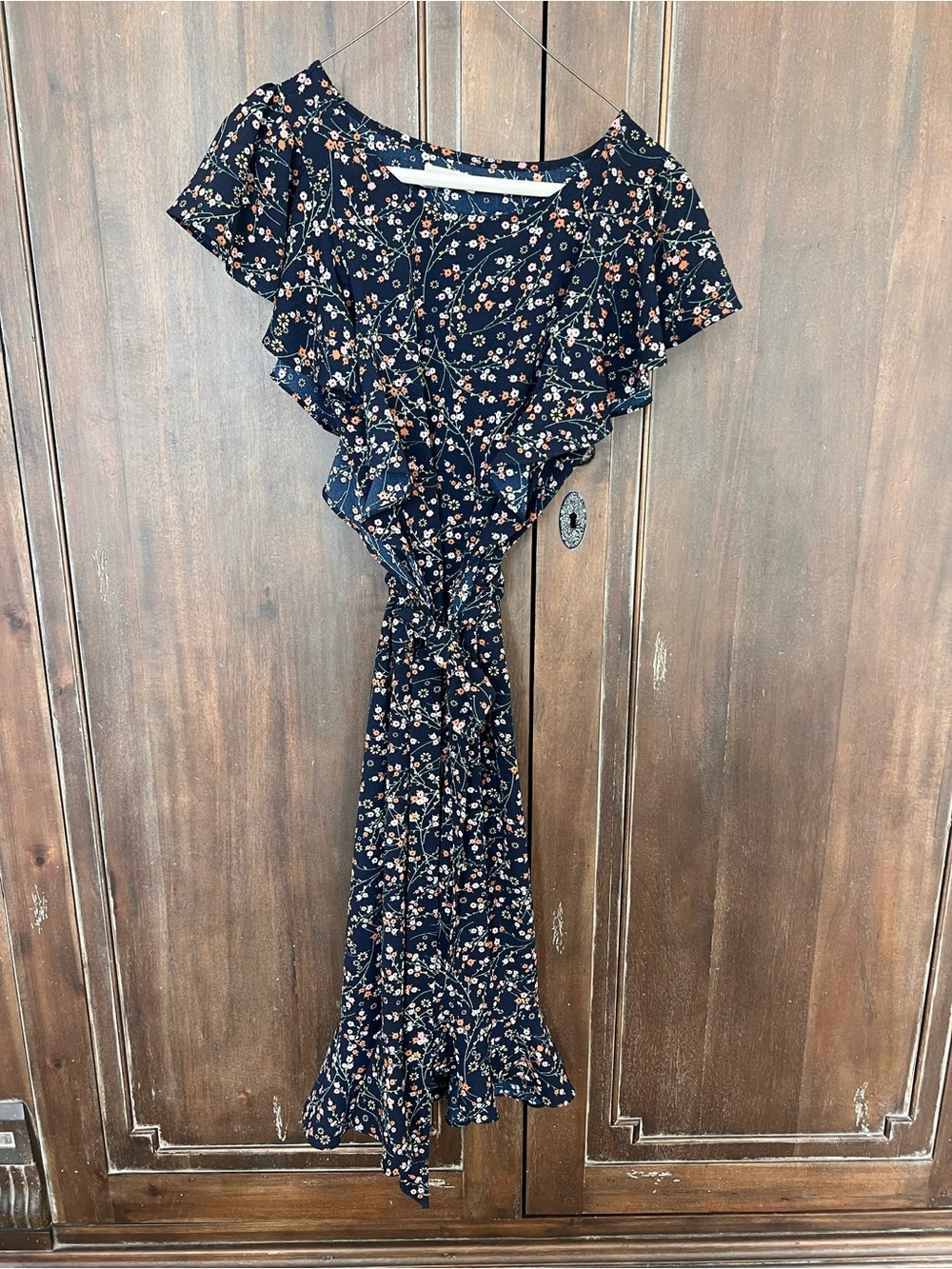 Navy Floral Ruffle Wrap Dress